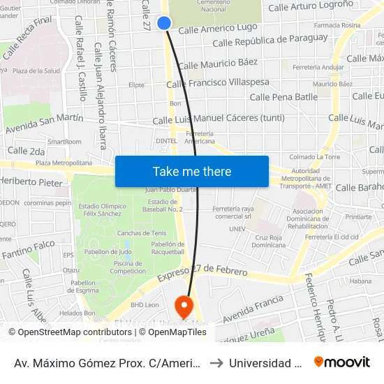 Av. Máximo Gómez Prox. C/Americo Lugo to Universidad Apec map