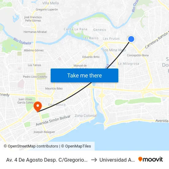 Av. 4 De Agosto Desp. C/Gregorio Rivas to Universidad Apec map