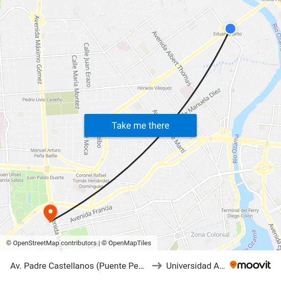 Av. Padre Castellanos (Puente Peatonal) to Universidad Apec map