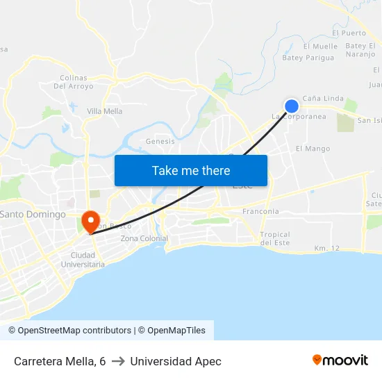 Carretera Mella, 6 to Universidad Apec map