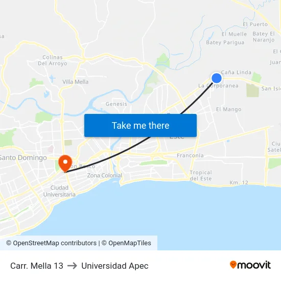 Carr. Mella 13 to Universidad Apec map
