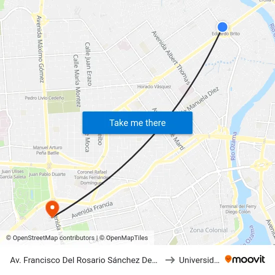 Av. Francisco Del Rosario Sánchez Desp. Av. Padre Castellanos to Universidad Apec map