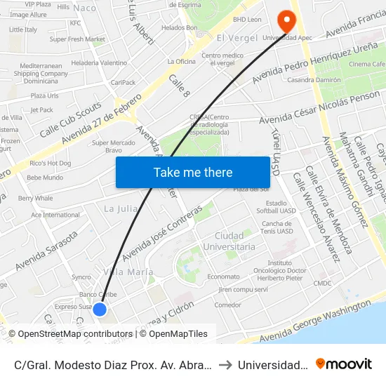 C/Gral. Modesto Diaz Prox. Av. Abraham Lincoln to Universidad Apec map