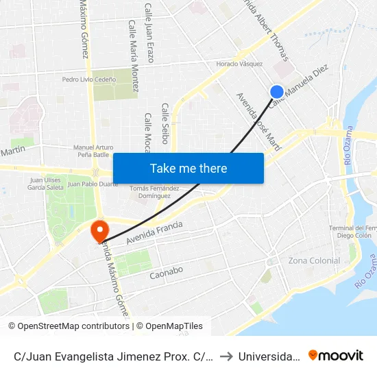 C/Juan Evangelista Jimenez Prox. C/Yolanda Guzman to Universidad Apec map