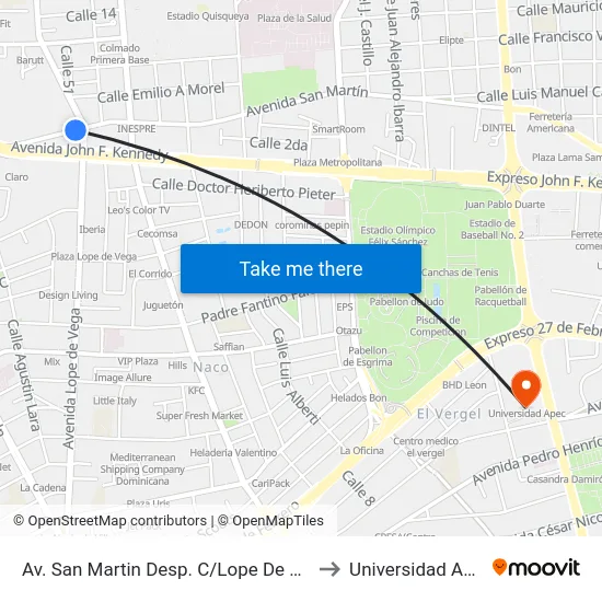 Av. San Martin Desp. C/Lope De Vega to Universidad Apec map
