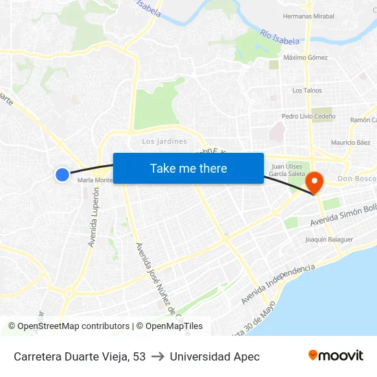 Carretera Duarte Vieja, 53 to Universidad Apec map