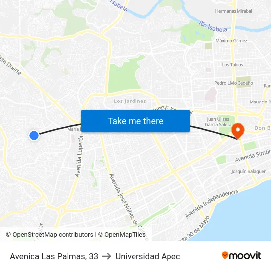 Avenida Las Palmas, 33 to Universidad Apec map