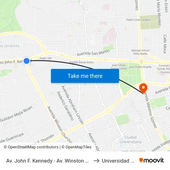 Av. John F. Kennedy - Av. Winston Churchill to Universidad Apec map