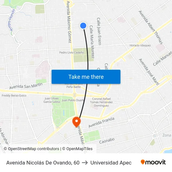 Avenida Nicolás De Ovando, 60 to Universidad Apec map