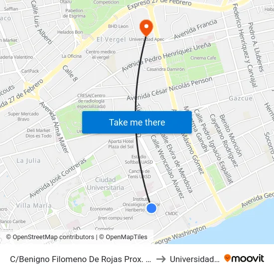 C/Benigno Filomeno De Rojas Prox. C/Padre Pina to Universidad Apec map