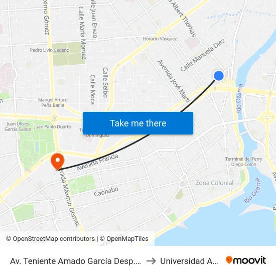 Av. Teniente Amado García Desp. C/A to Universidad Apec map