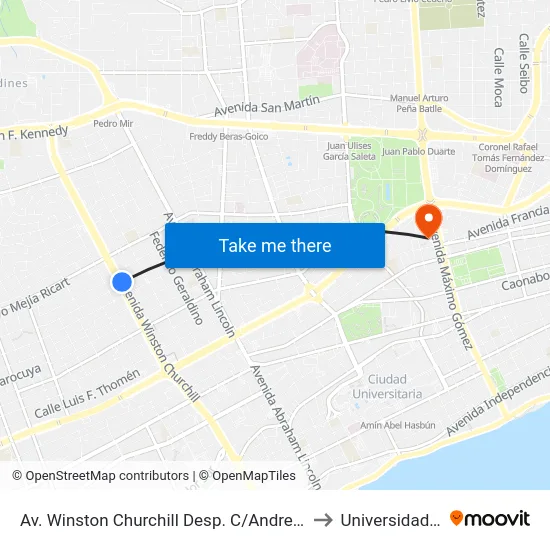Av. Winston Churchill Desp. C/Andres Julio Aybar to Universidad Apec map