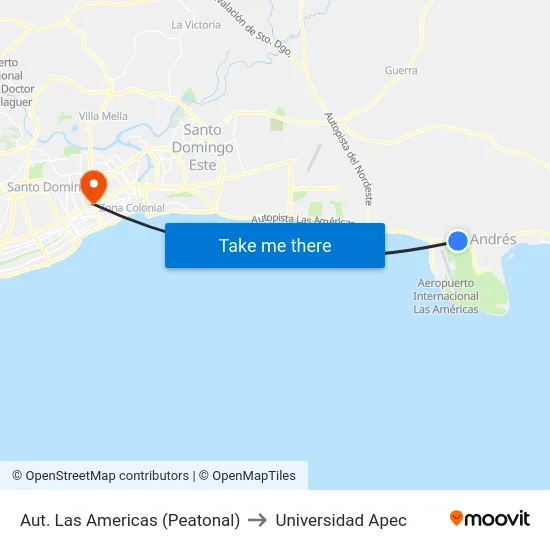 Aut. Las Americas (Peatonal) to Universidad Apec map