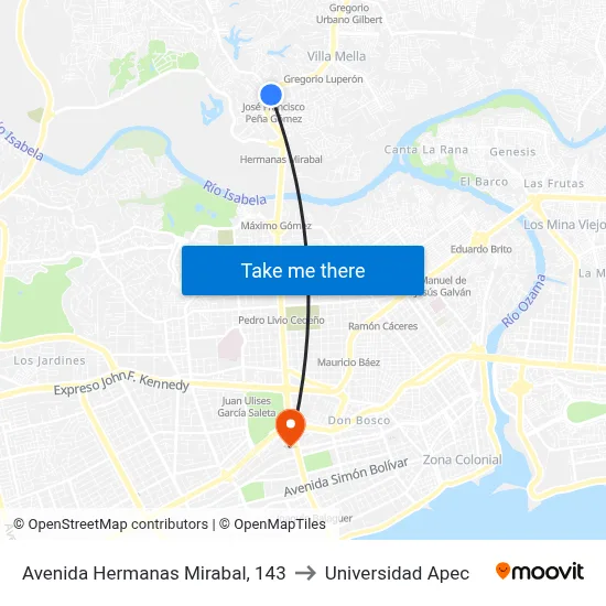 Avenida Hermanas Mirabal, 143 to Universidad Apec map