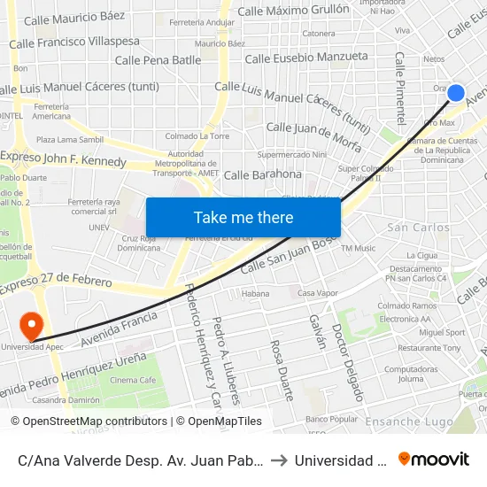 C/Ana Valverde Desp. Av. Juan Pablo Duarte to Universidad Apec map