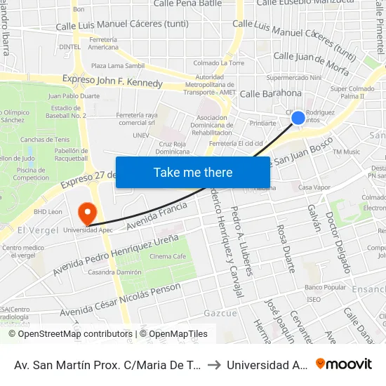 Av. San Martín Prox. C/Maria De Toledo to Universidad Apec map