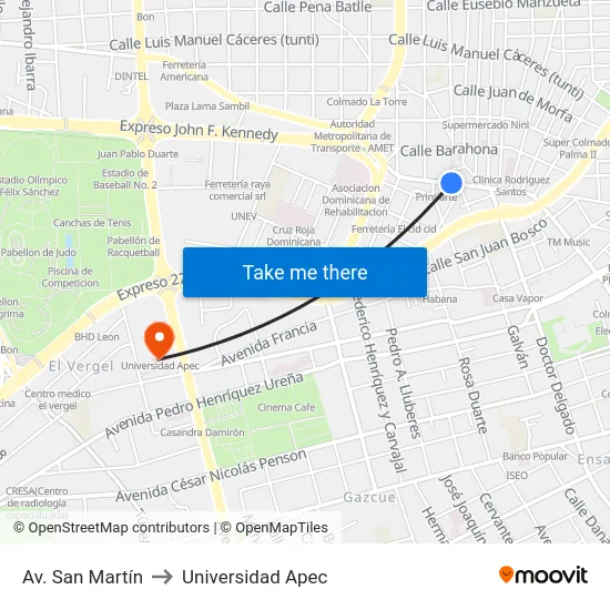 Av. San Martín to Universidad Apec map