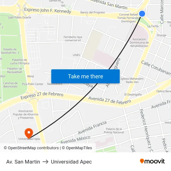Av. San Martin to Universidad Apec map
