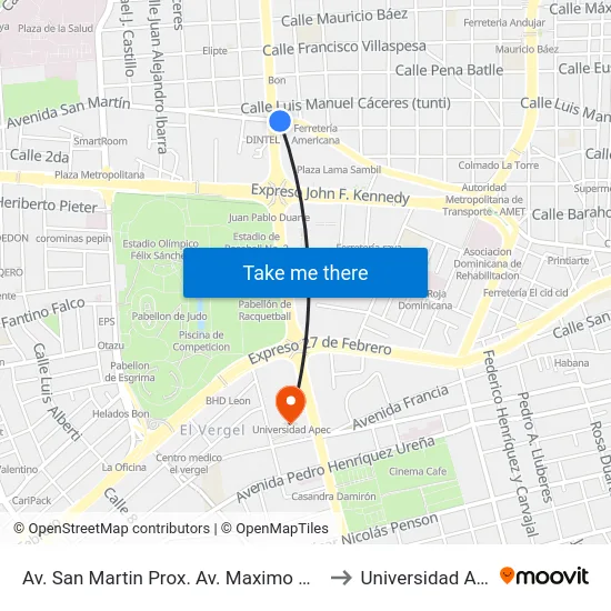 Av. San Martin Prox. Av. Maximo Gomez to Universidad Apec map
