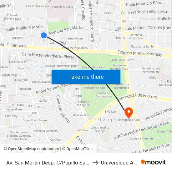 Av. San Martin Desp. C/Pepillo Salcedo to Universidad Apec map