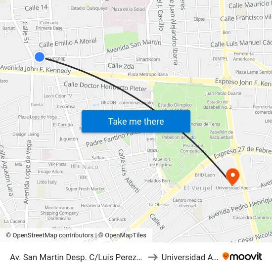 Av. San Martin Desp. C/Luis Perez Garcia to Universidad Apec map