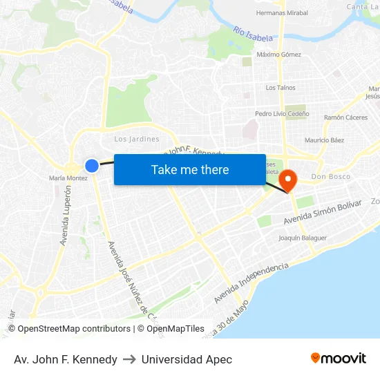 Av. John F. Kennedy to Universidad Apec map