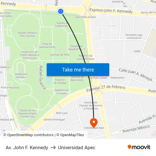 Av. John F. Kennedy to Universidad Apec map