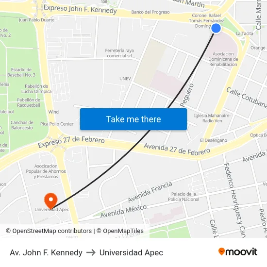 Av. John F. Kennedy to Universidad Apec map