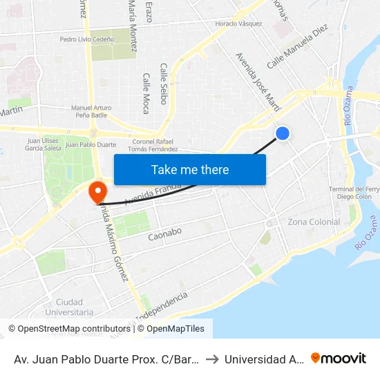 Av. Juan Pablo Duarte Prox. C/Barahona to Universidad Apec map