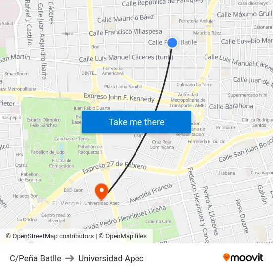 C/Peña Batlle to Universidad Apec map