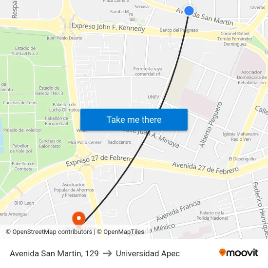 Avenida San Martin, 129 to Universidad Apec map