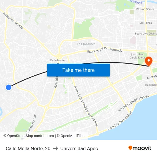 Calle Mella Norte, 20 to Universidad Apec map