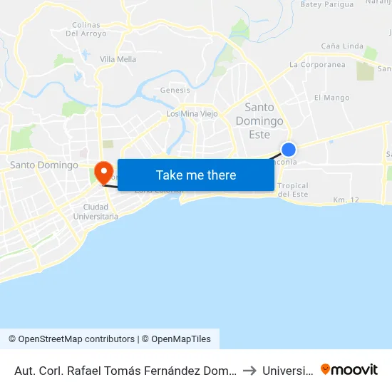 Aut. Corl. Rafael Tomás Fernández Domínguez Prox. Av. Charles De Gaulle to Universidad Apec map