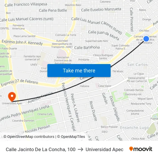 Calle Jacinto De La Concha, 100 to Universidad Apec map
