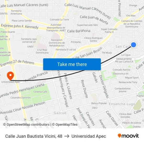 Calle Juan Bautista Vicini, 48 to Universidad Apec map