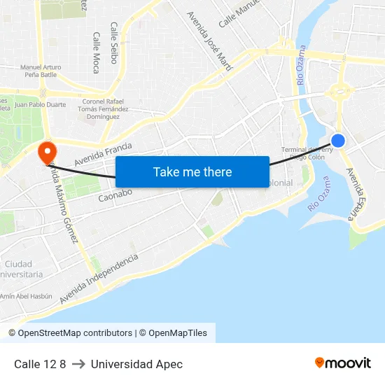 Calle 12 8 to Universidad Apec map
