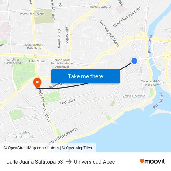 Calle Juana Saltitopa 53 to Universidad Apec map