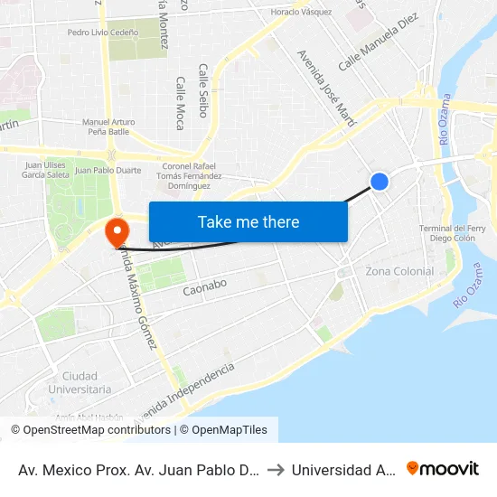 Av. Mexico Prox. Av. Juan Pablo Duarte to Universidad Apec map