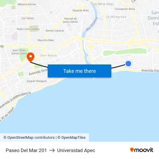 Paseo Del Mar 201 to Universidad Apec map