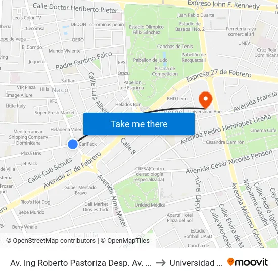 Av. Ing Roberto Pastoriza Desp. Av. Tiradentes to Universidad Apec map