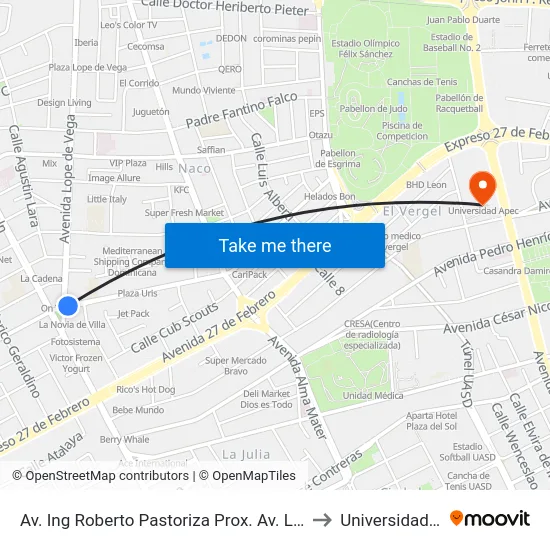 Av. Ing Roberto Pastoriza Prox. Av. Lope De Vega to Universidad Apec map