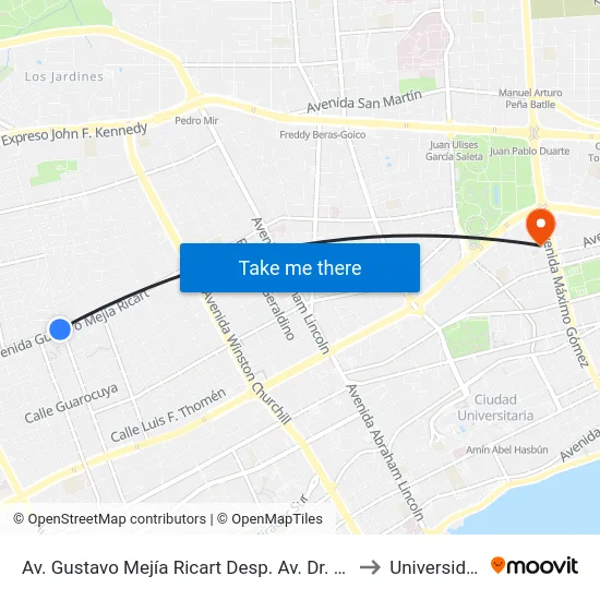 Av. Gustavo Mejía Ricart Desp. Av. Dr. Fernando Alberto Defilló to Universidad Apec map