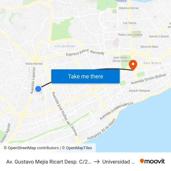 Av. Gustavo Mejía Ricart Desp. C/27 Oeste to Universidad Apec map