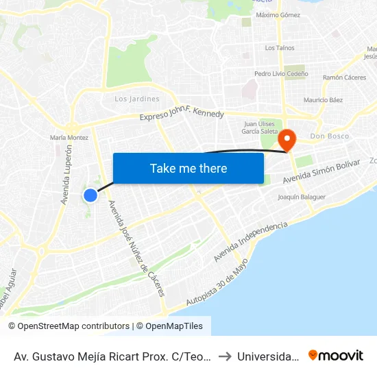 Av. Gustavo Mejía Ricart Prox. C/Teodoro Chasserieu to Universidad Apec map