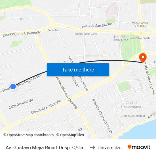 Av. Gustavo Mejía Ricart Desp. C/Carmen Mendoza to Universidad Apec map