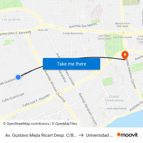 Av. Gustavo Mejía Ricart Desp. C/Bohechio to Universidad Apec map