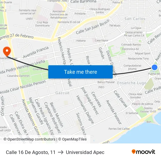 Calle 16 De Agosto, 11 to Universidad Apec map