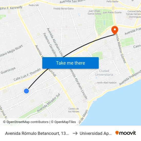 Avenida Rómulo Betancourt, 1374 to Universidad Apec map