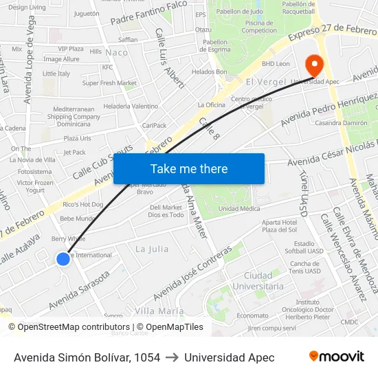 Avenida Simón Bolívar, 1054 to Universidad Apec map