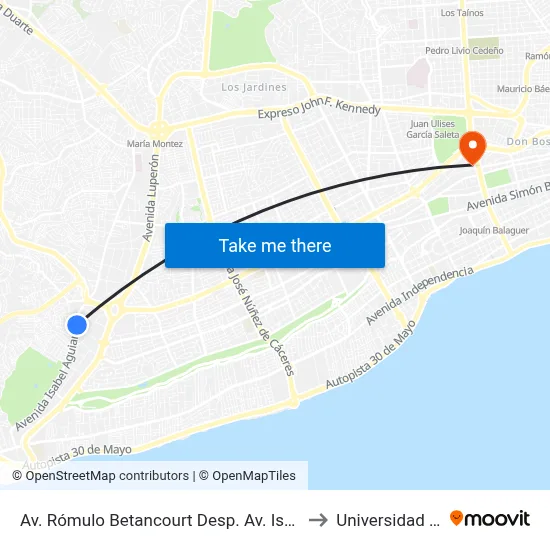 Av. Rómulo Betancourt Desp. Av. Isabel Aguiar to Universidad Apec map
